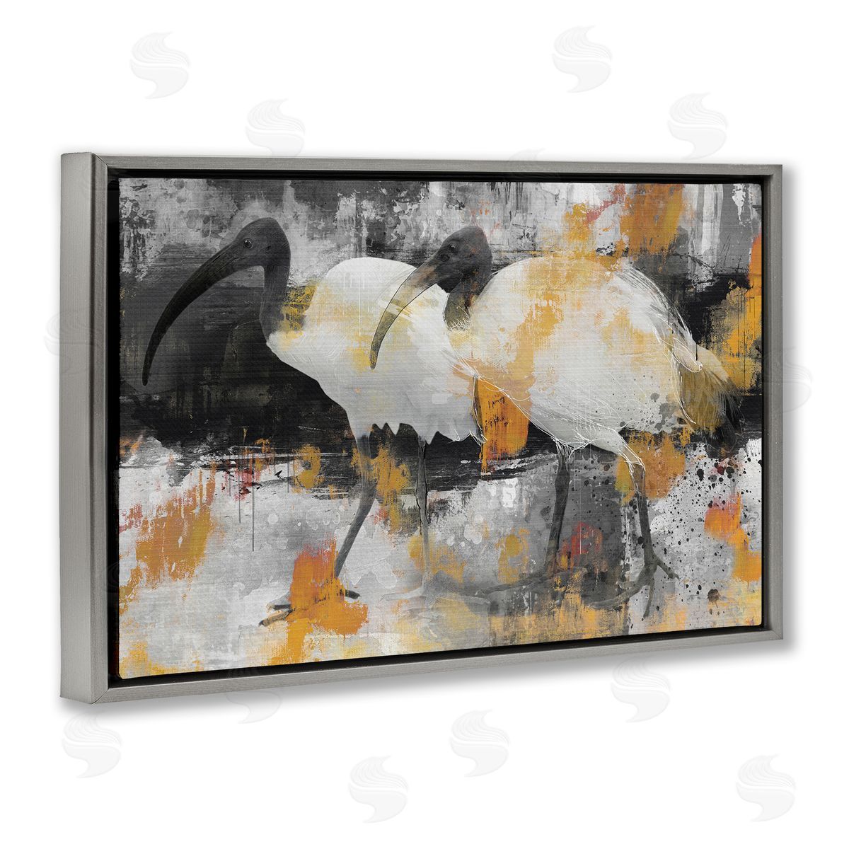 Grey & Yellow Modern Birds Grey Floating Frame Canvas Wall Art, Home Decor by Porter Hastings