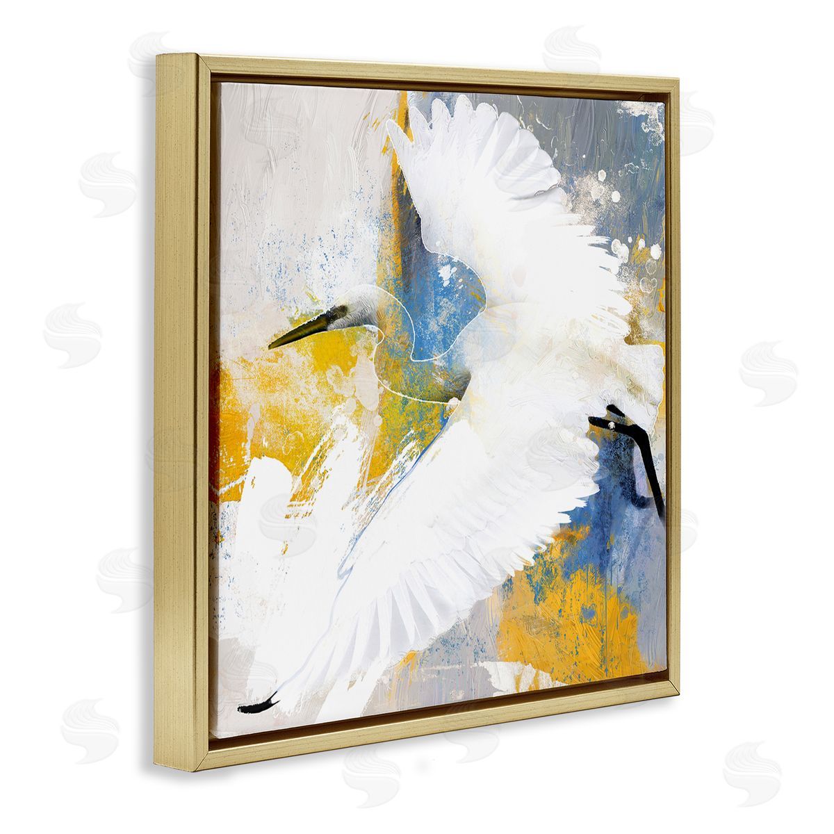 Modern Egret in Flight Gold Floating Frame Canvas Wall Art, Home Decor by Porter Hastings