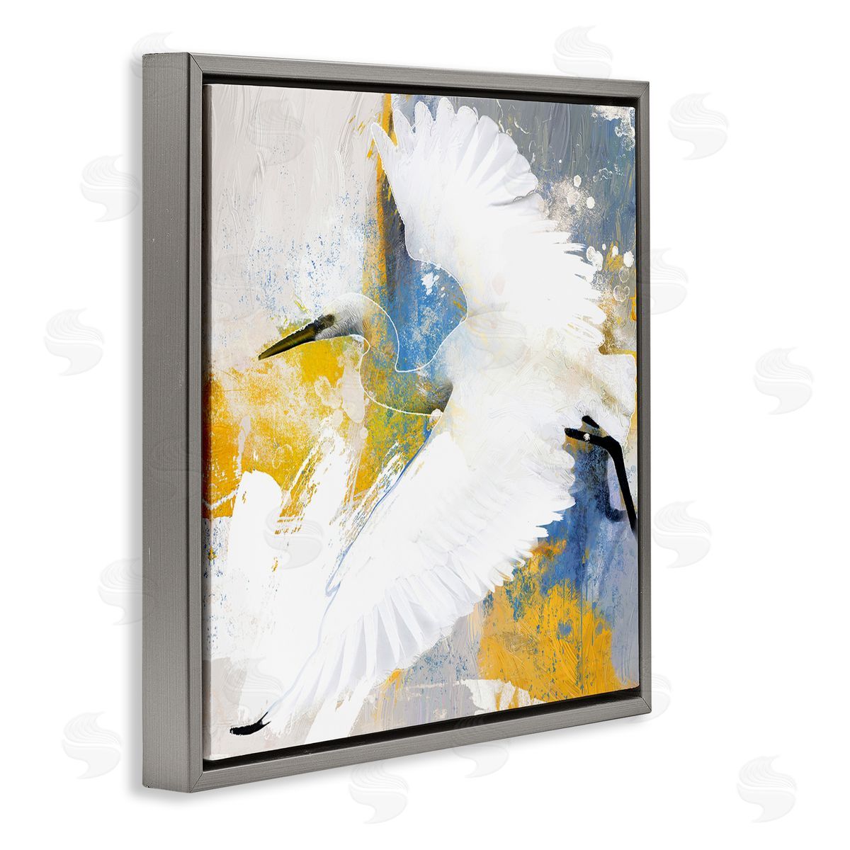 Modern Egret in Flight Grey Floating Frame Canvas Wall Art, Home Decor by Porter Hastings