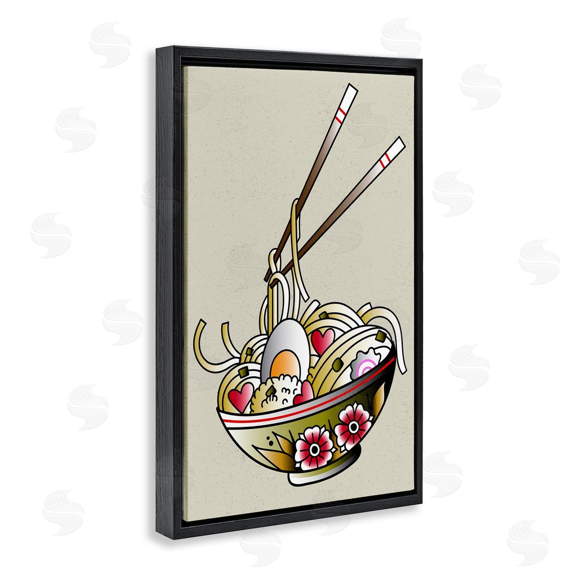 Tattoo Style Ramen Bowl Black Floating Frame Canvas Wall Art, Home Decor by Incado