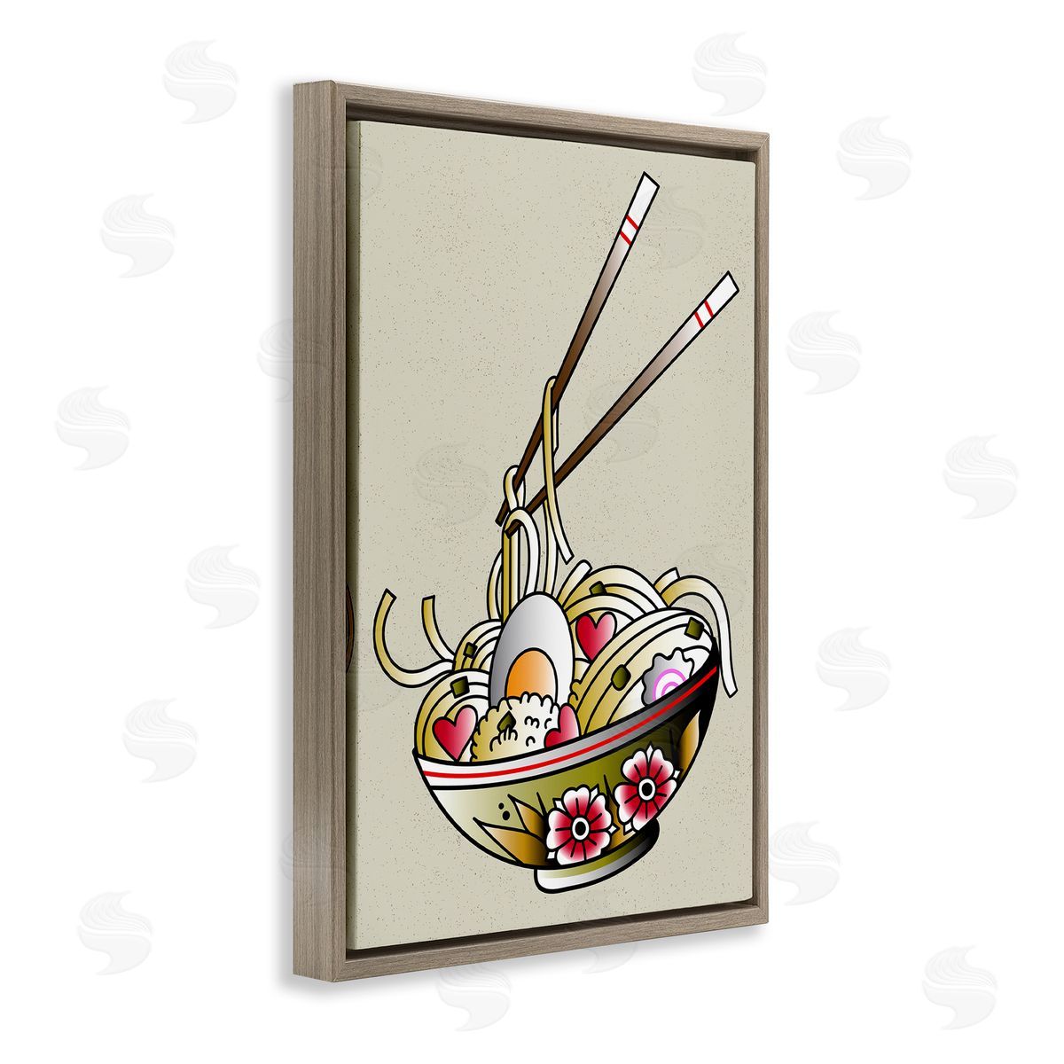 Tattoo Style Ramen Bowl Brown Floating Frame Canvas Wall Art, Home Decor by Incado