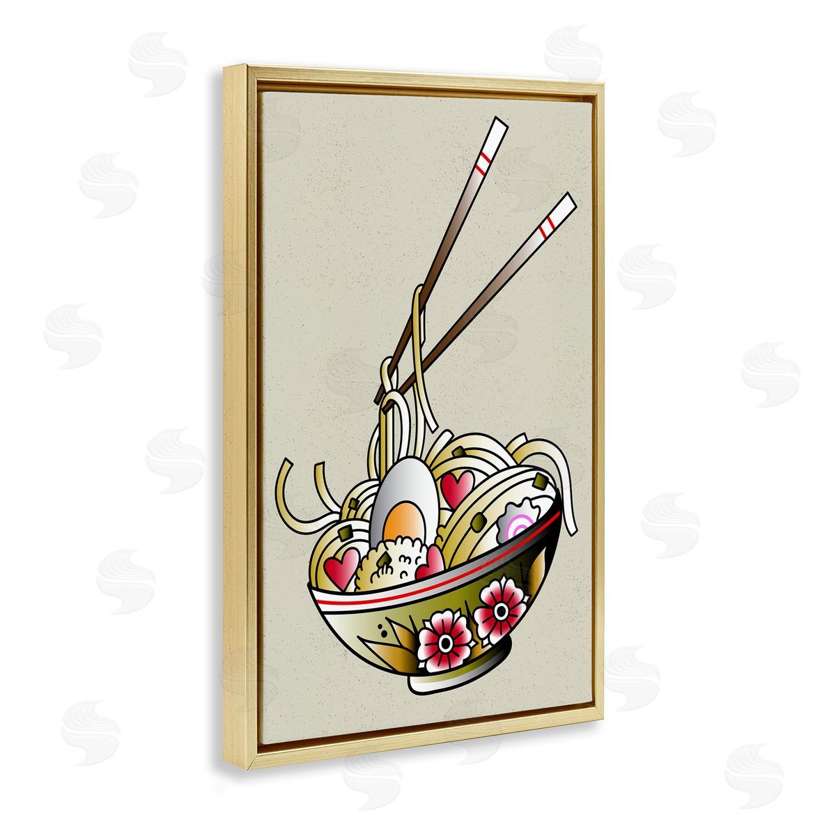 Tattoo Style Ramen Bowl Gold Floating Frame Canvas Wall Art, Home Decor by Incado