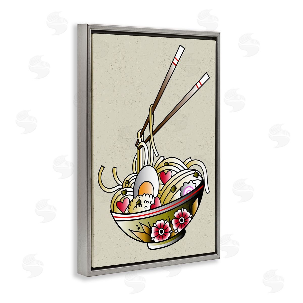 Tattoo Style Ramen Bowl Grey Floating Frame Canvas Wall Art, Home Decor by Incado