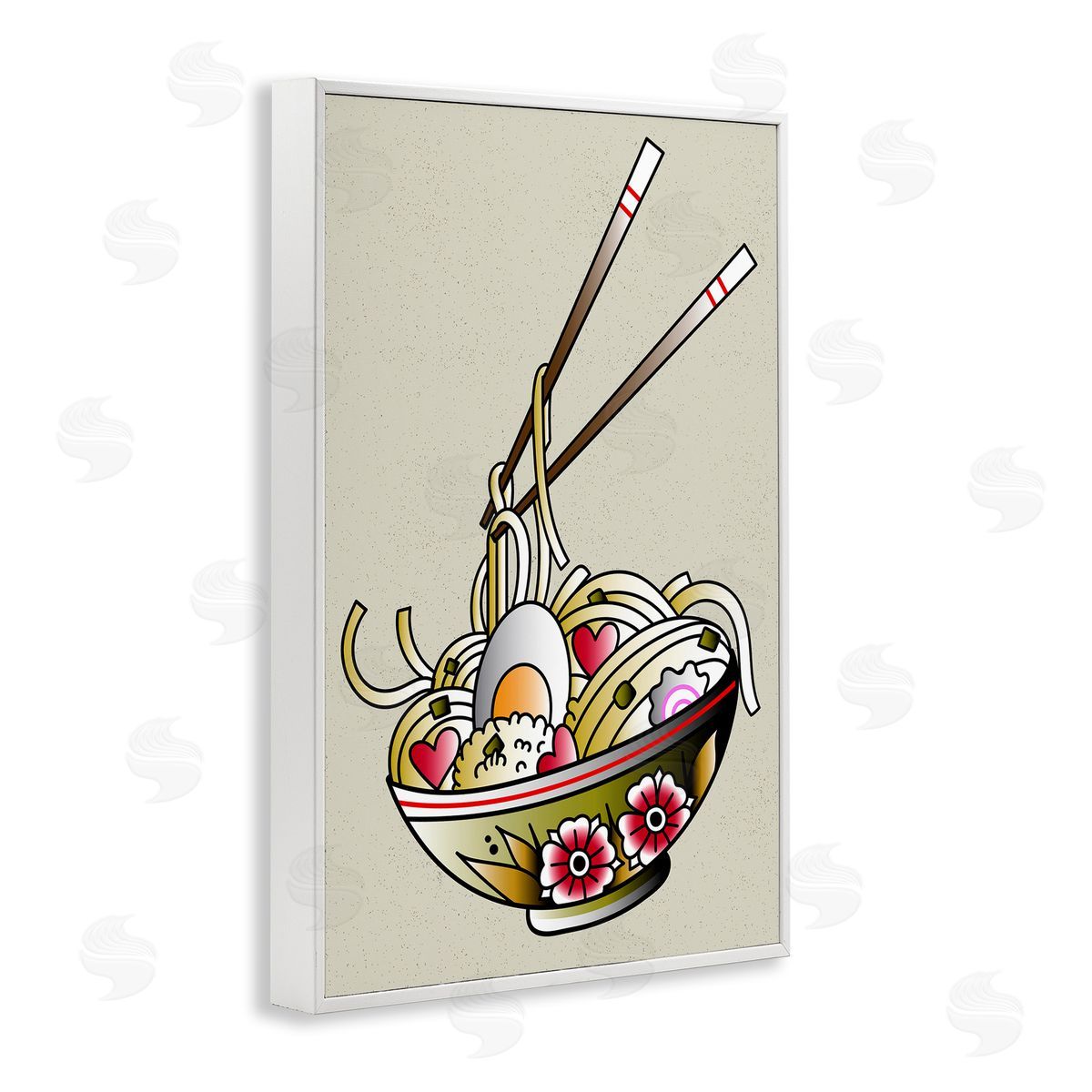 Tattoo Style Ramen Bowl White Frame Print Wall Art, Home Decor by Incado