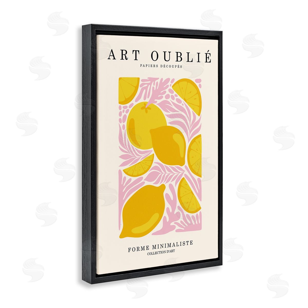 Lemons on Pink Florals Black Floating Frame Canvas Wall Art, Home Decor by Incado