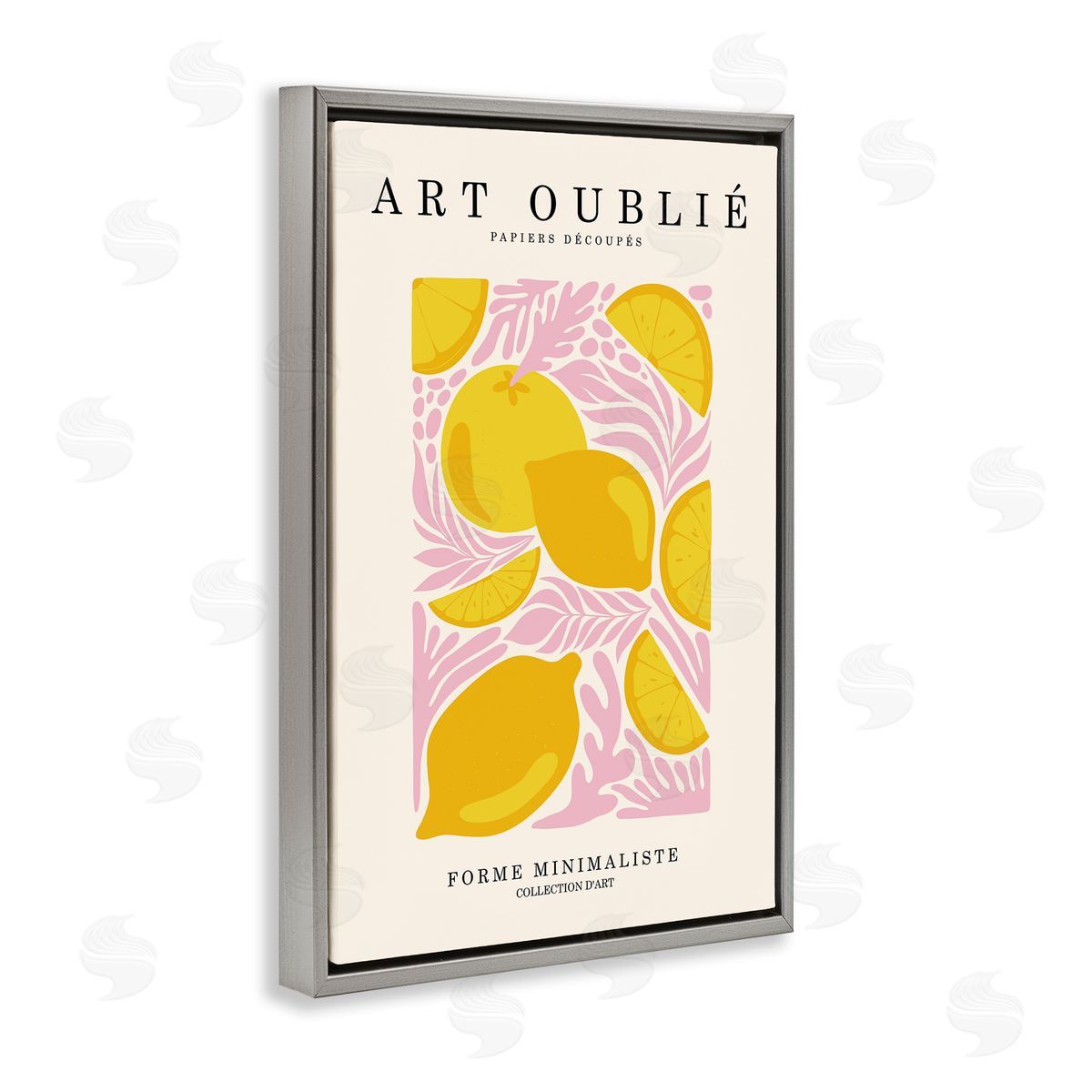 Lemons on Pink Florals Grey Floating Frame Canvas Wall Art, Home Decor by Incado