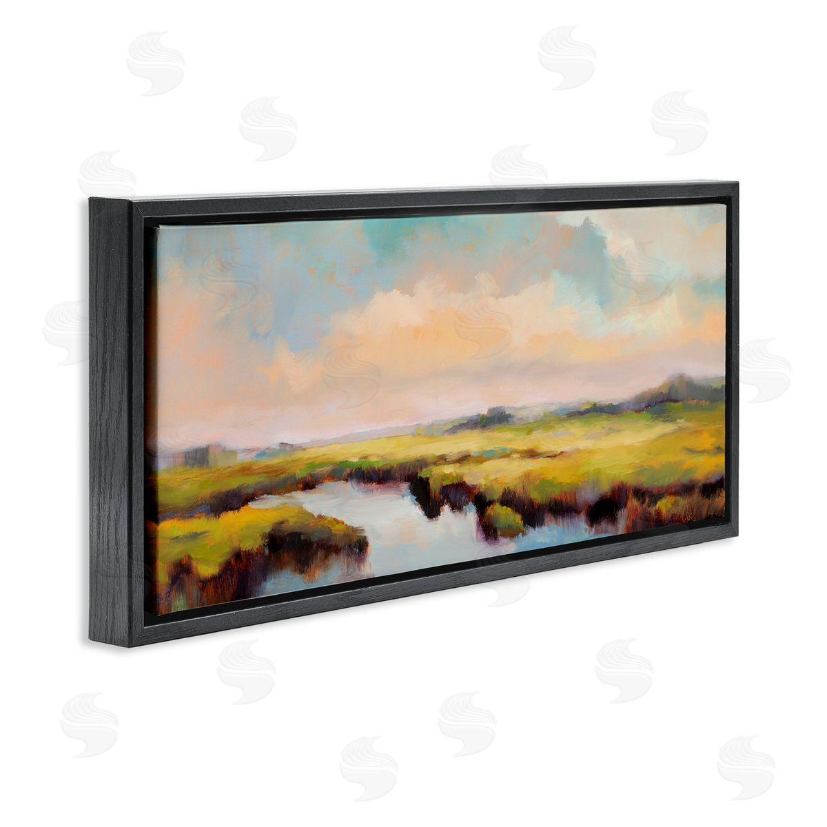 Sunrise over Rural Stream Black Floating Frame Canvas Wall Art, Home Decor by Odile