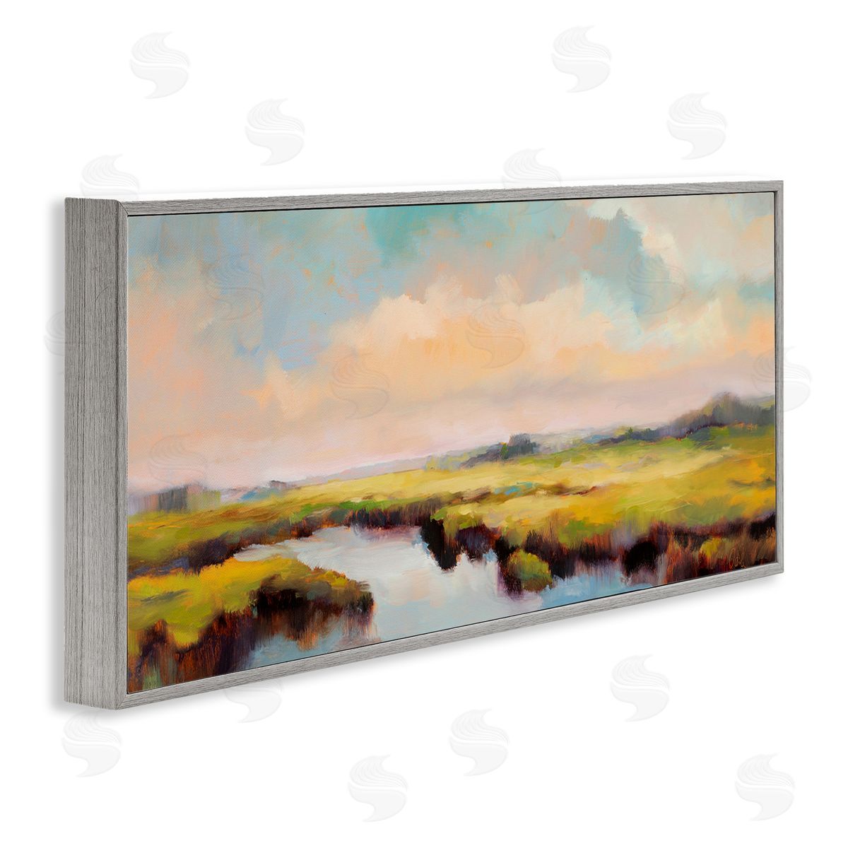 Sunrise over Rural Stream Grey Frame Print Wall Art, Home Decor by Odile