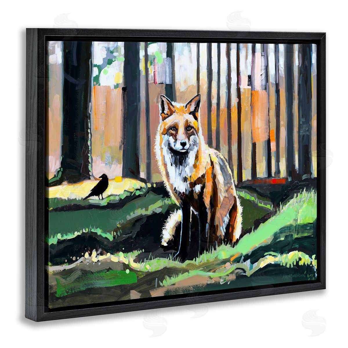 Fox in Forest Trees Black Floating Frame Canvas Wall Art, Home Decor by Adam Swanson