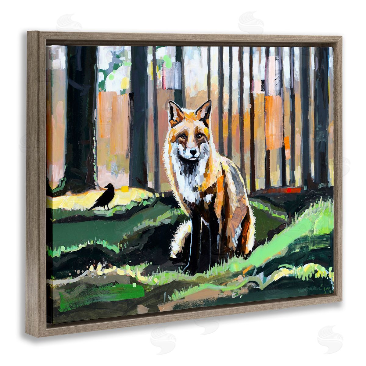 Fox in Forest Trees Brown Floating Frame Canvas Wall Art, Home Decor by Adam Swanson