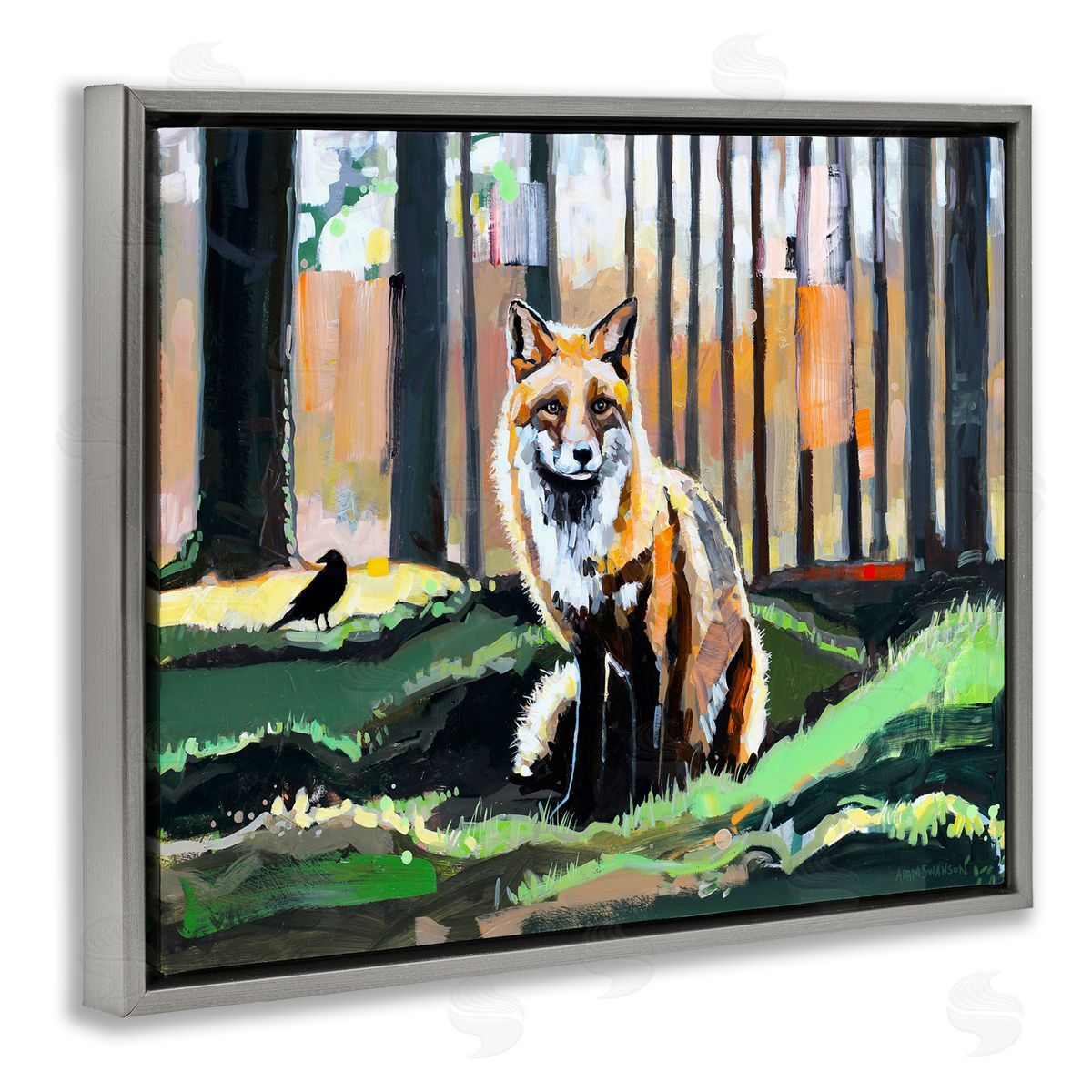Fox in Forest Trees Grey Floating Frame Canvas Wall Art, Home Decor by Adam Swanson