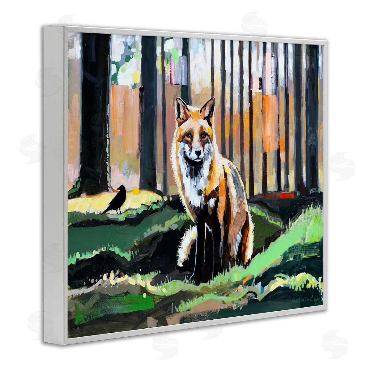 Fox in Forest Trees White Frame Print Wall Art, Home Decor by Adam Swanson