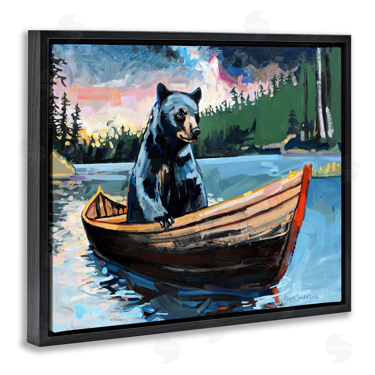 Boating Black Bear Black Floating Frame Canvas Wall Art, Home Decor by Adam Swanson