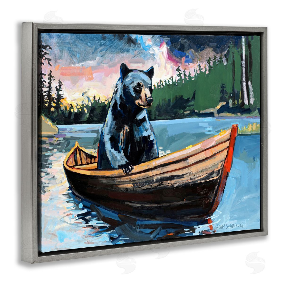 Boating Black Bear Grey Floating Frame Canvas Wall Art, Home Decor by Adam Swanson