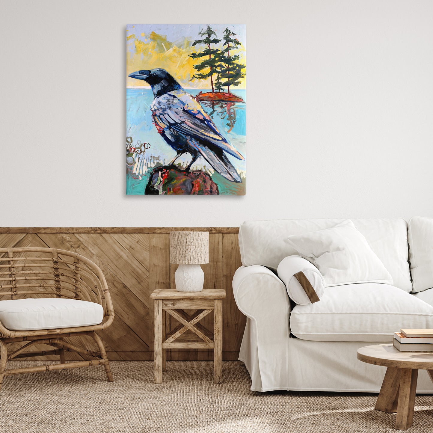 Crow in Modern Landscape Canvas Wall Art in Room, Home Decor by Adam Swanson