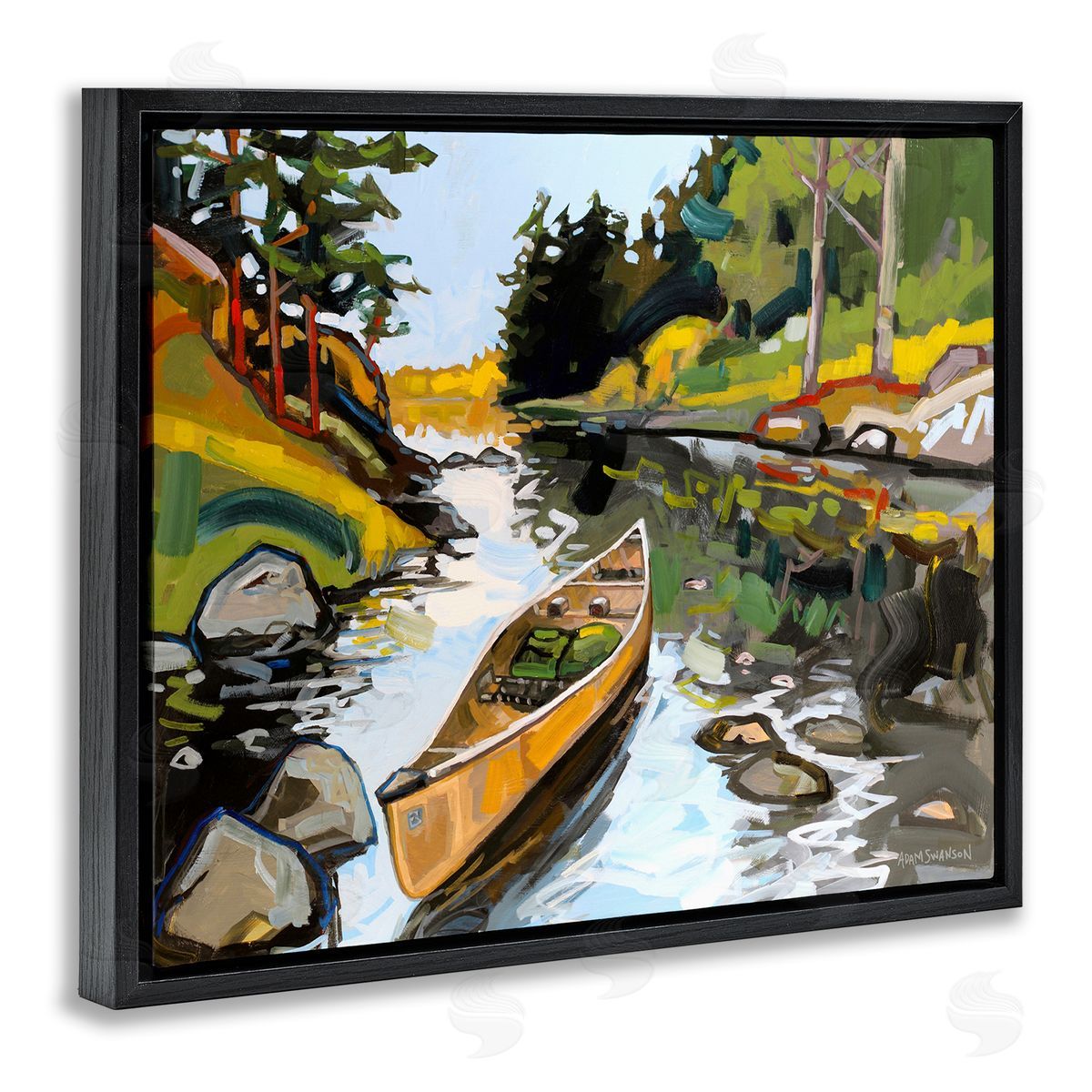 Canoe Through River Black Floating Frame Canvas Wall Art, Home Decor by Adam Swanson