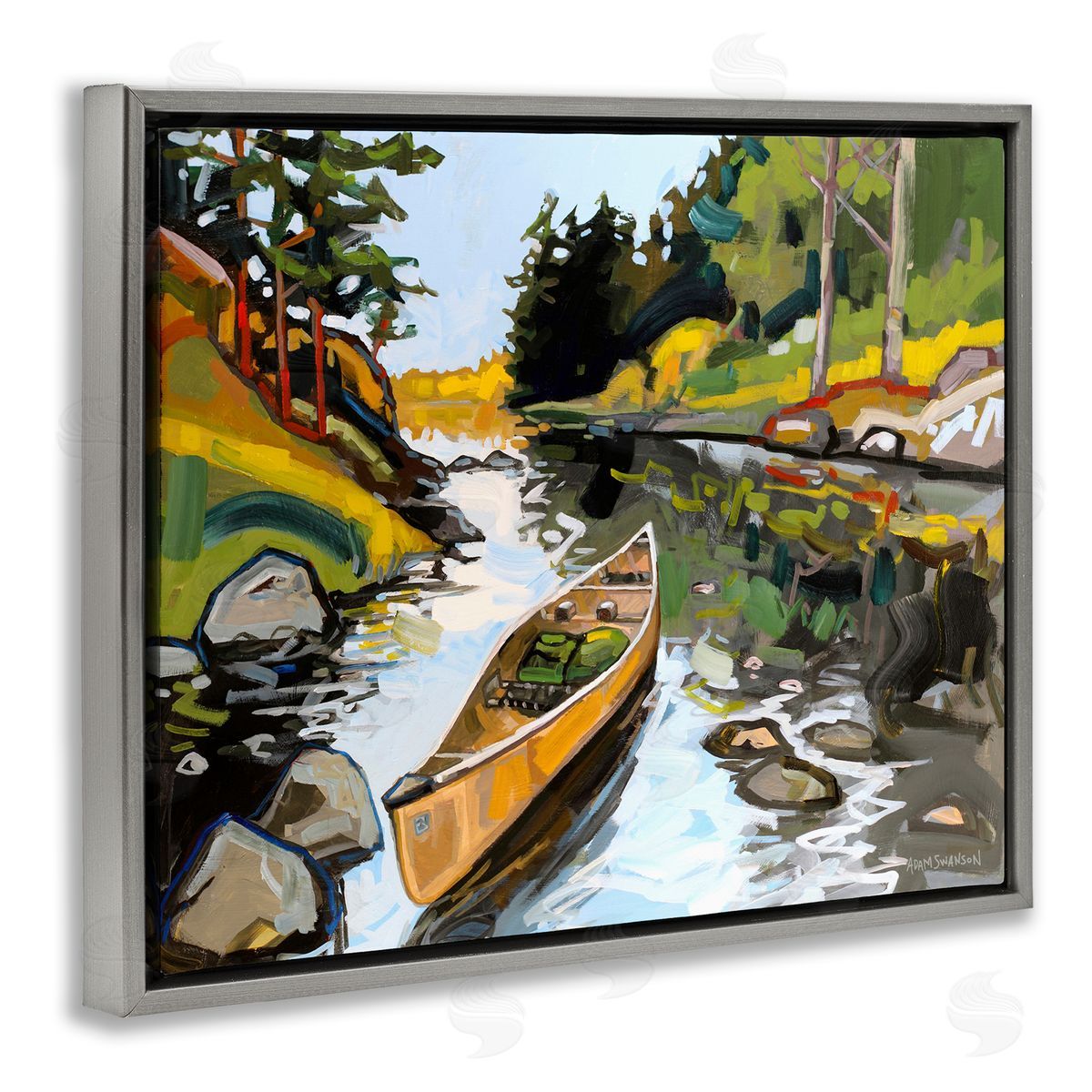 Canoe Through River Grey Floating Frame Canvas Wall Art, Home Decor by Adam Swanson