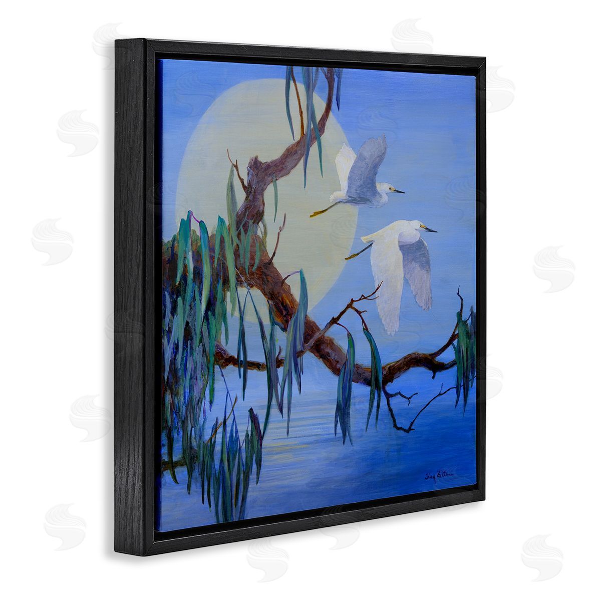 Shining Moon & Birds Black Floating Frame Canvas Wall Art, Home Decor by Floy Zittin