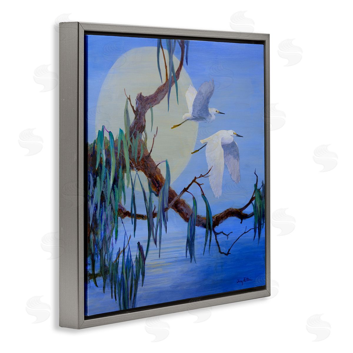 Shining Moon & Birds Grey Floating Frame Canvas Wall Art, Home Decor by Floy Zittin