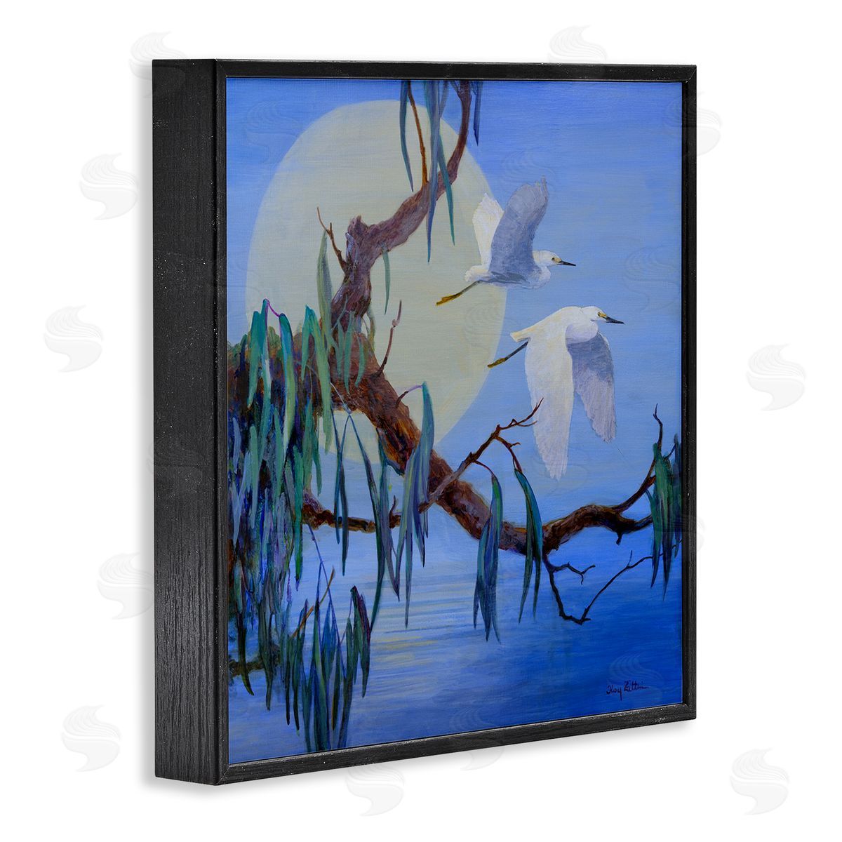 Shining Moon & Birds Black Frame Print Wall Art, Home Decor by Floy Zittin