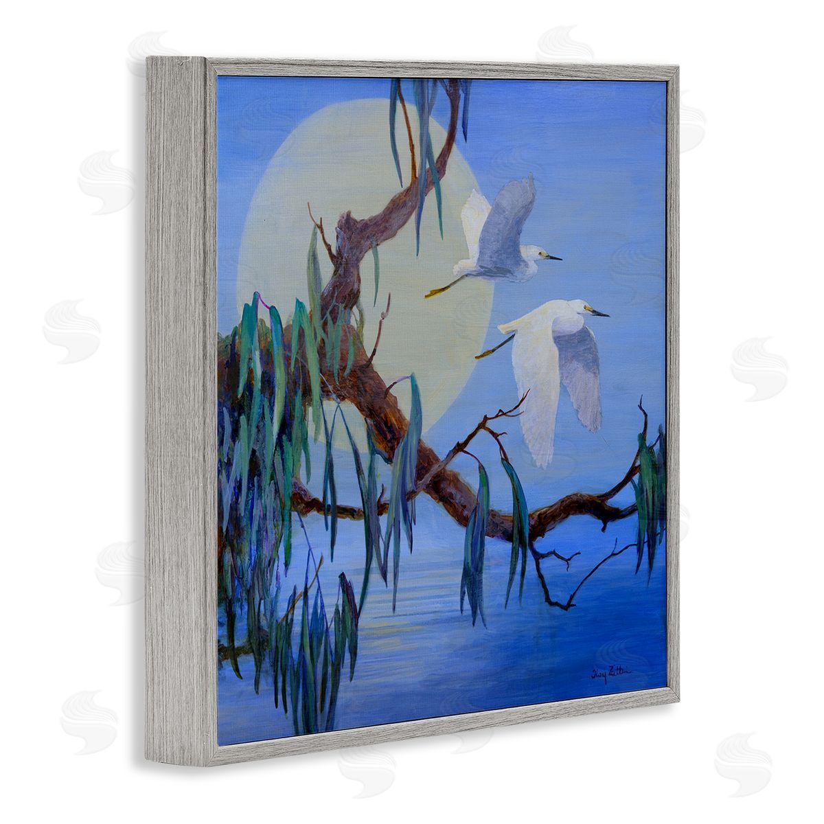 Shining Moon & Birds Grey Frame Print Wall Art, Home Decor by Floy Zittin