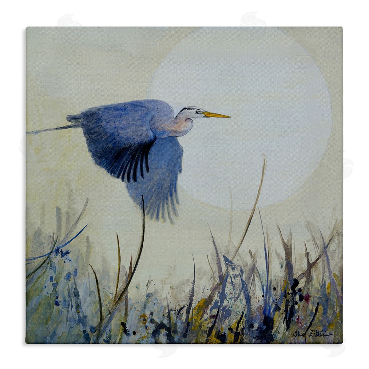 Full Moon & Heron Canvas Wall Art, Home Decor by Floy Zittin