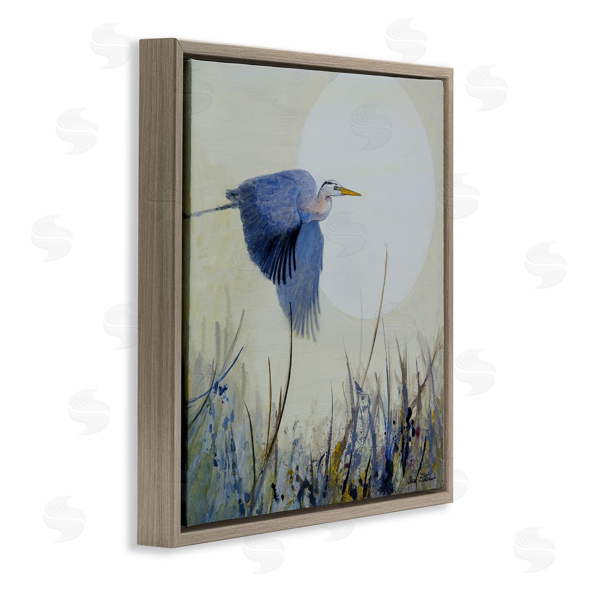 Full Moon & Heron Brown Floating Frame Canvas Wall Art, Home Decor by Floy Zittin