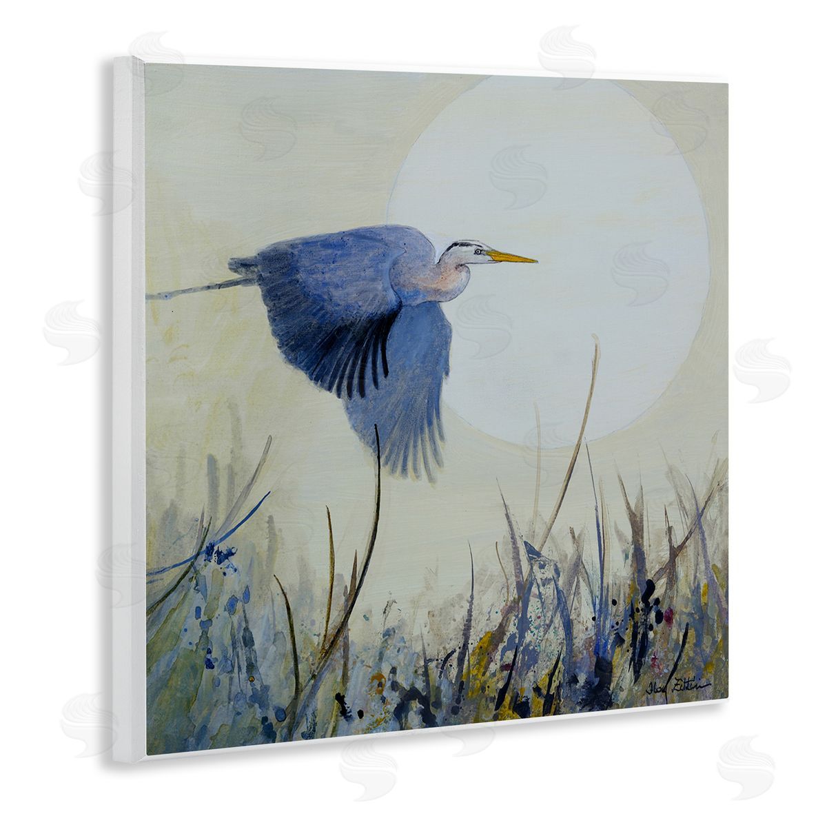 Full Moon & Heron Wood Plaque Wall Art, Home Decor by Floy Zittin