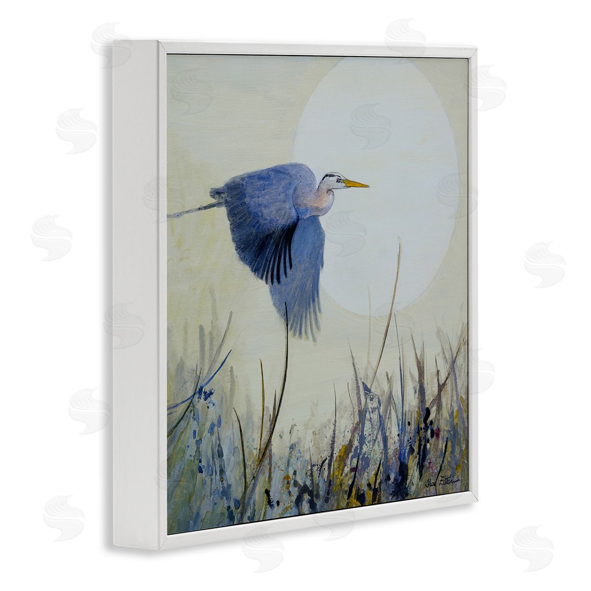 Full Moon & Heron White Frame Print Wall Art, Home Decor by Floy Zittin