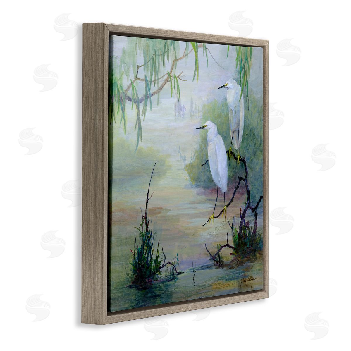 Egrets & Marshland Edge Brown Floating Frame Canvas Wall Art, Home Decor by Floy Zittin