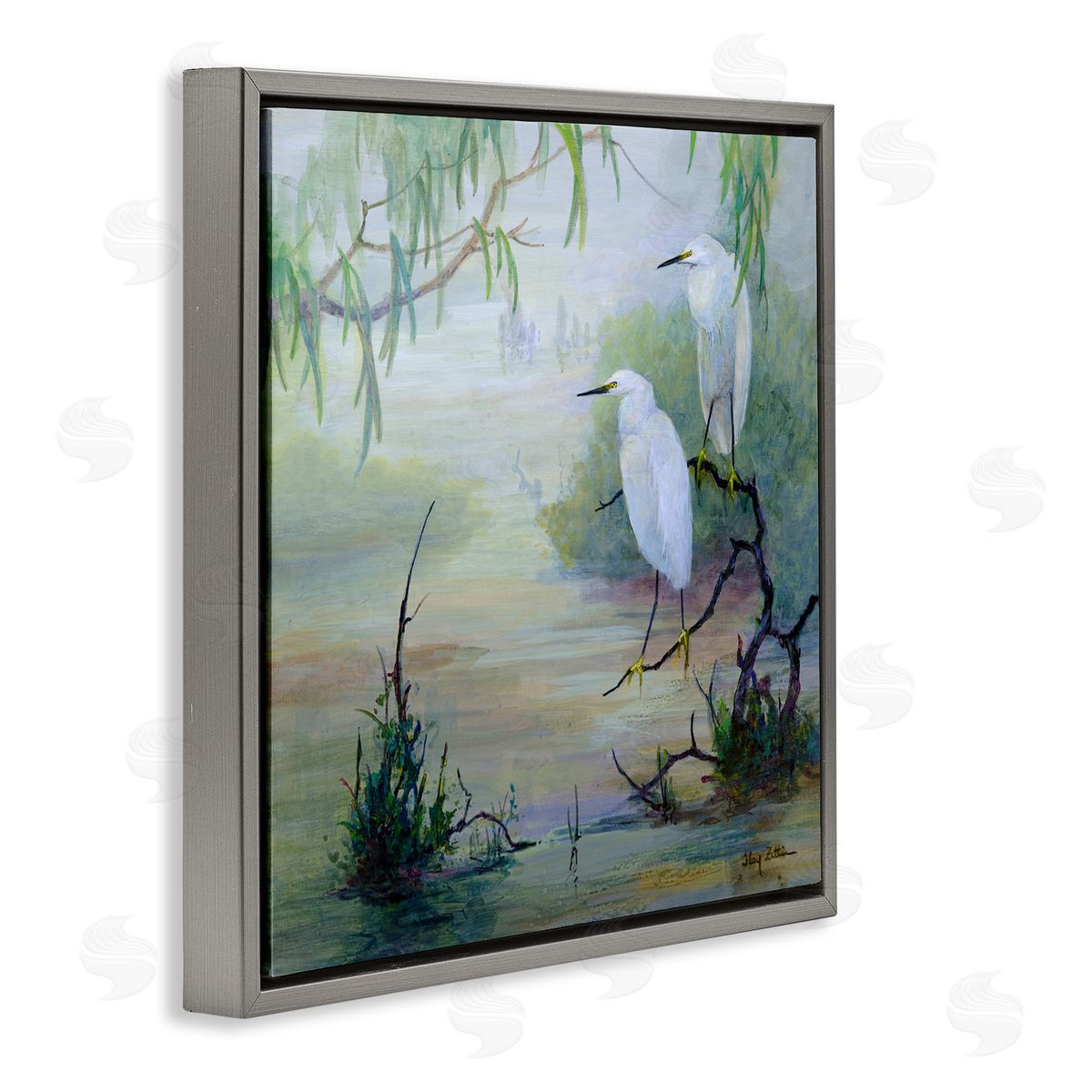 Egrets & Marshland Edge Grey Floating Frame Canvas Wall Art, Home Decor by Floy Zittin