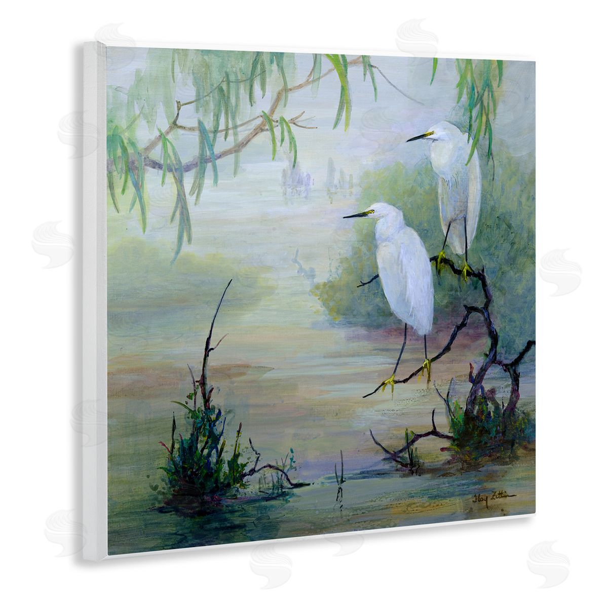 Egrets & Marshland Edge Wood Plaque Wall Art, Home Decor by Floy Zittin