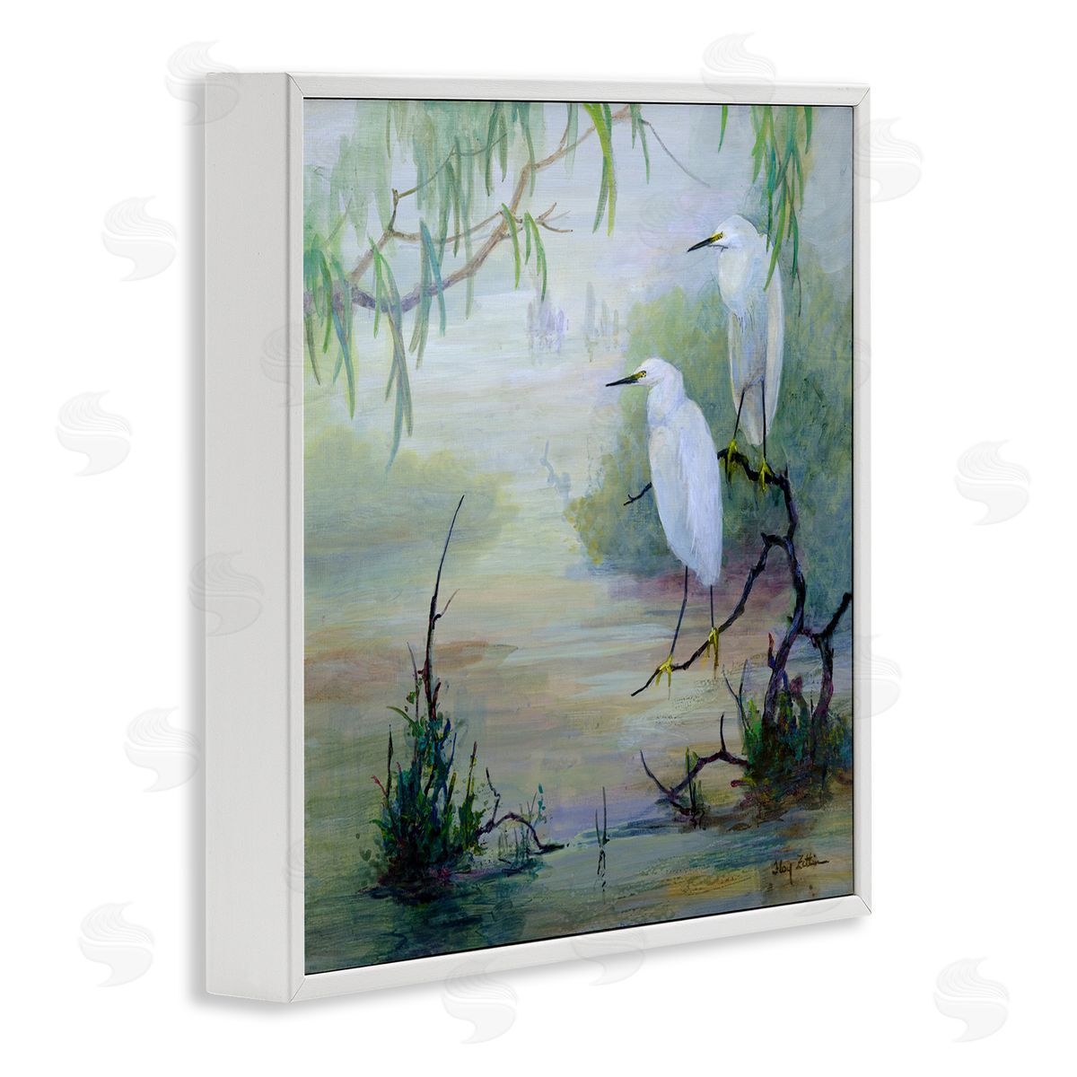 Egrets & Marshland Edge White Frame Print Wall Art, Home Decor by Floy Zittin