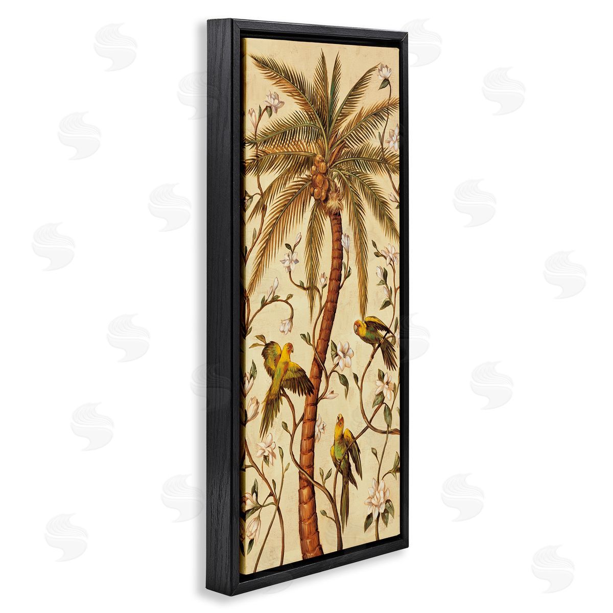 Parrots & Curvy Palm Tree Black Floating Frame Canvas Wall Art, Home Decor by Rodolfo Jimenez
