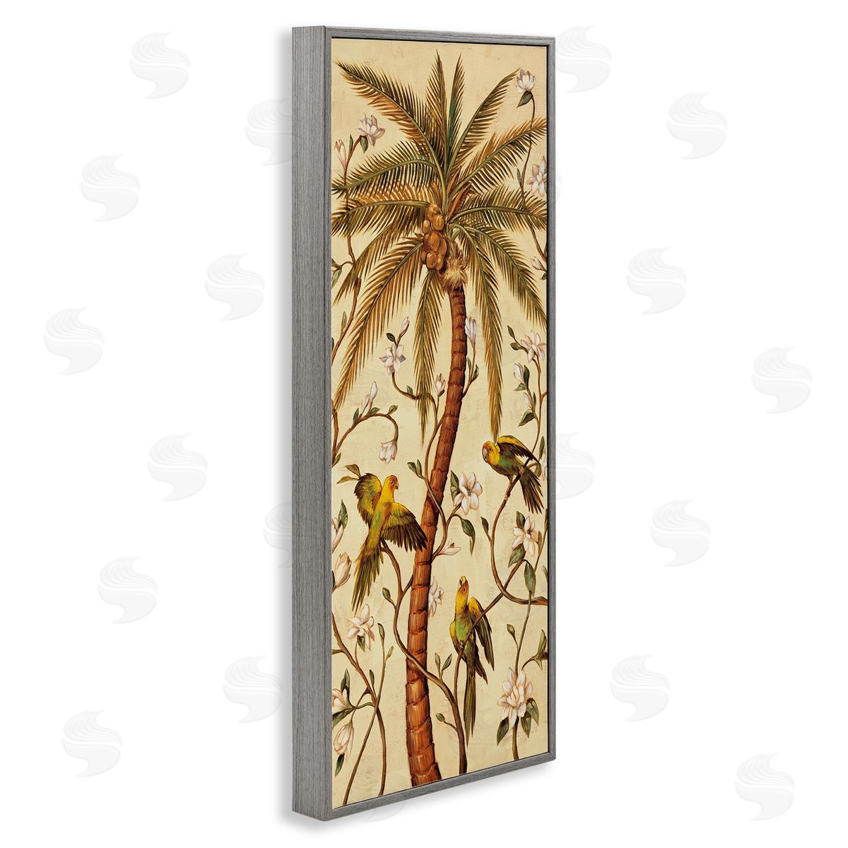 Parrots & Curvy Palm Tree Grey Frame Print Wall Art, Home Decor by Rodolfo Jimenez