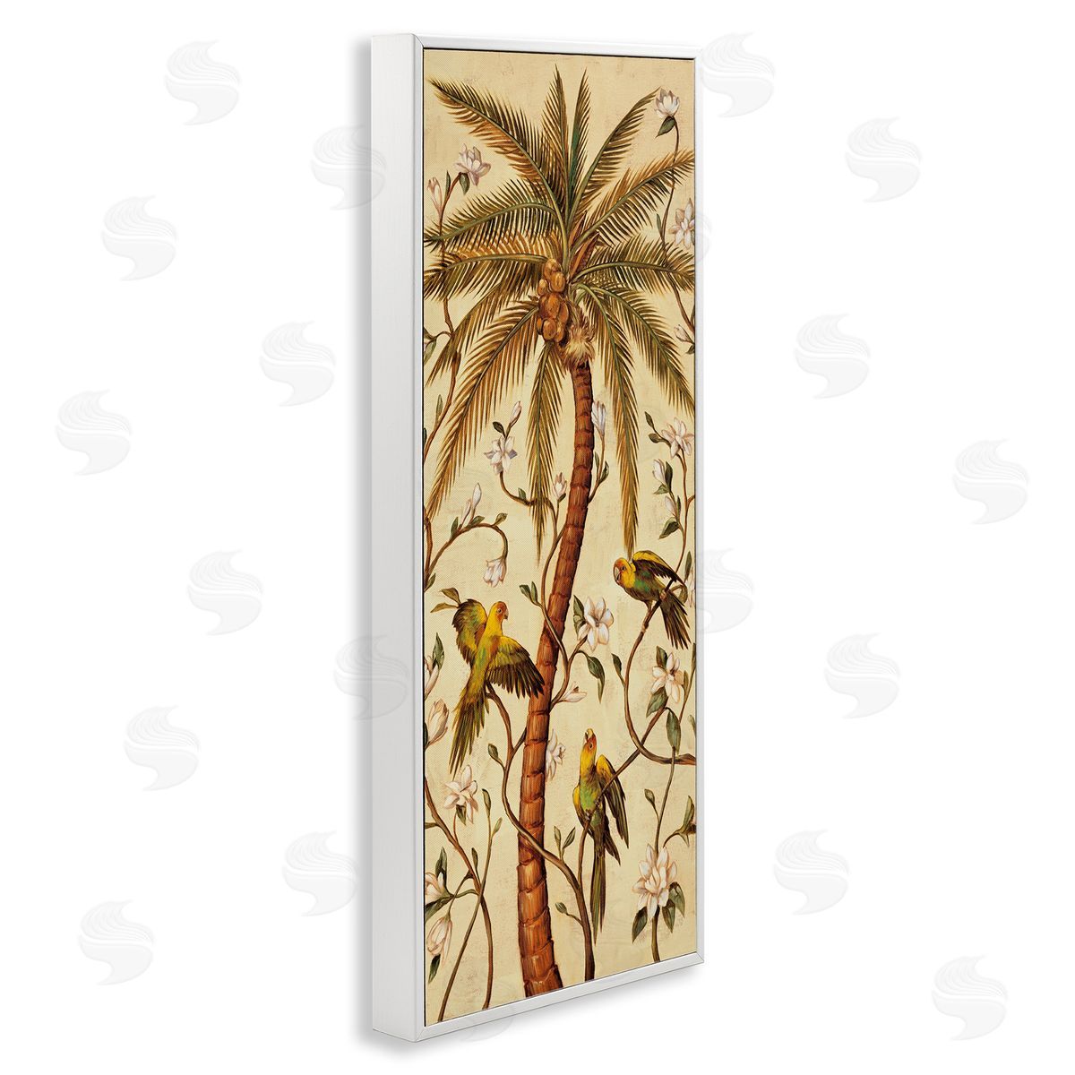 Parrots & Curvy Palm Tree White Frame Print Wall Art, Home Decor by Rodolfo Jimenez