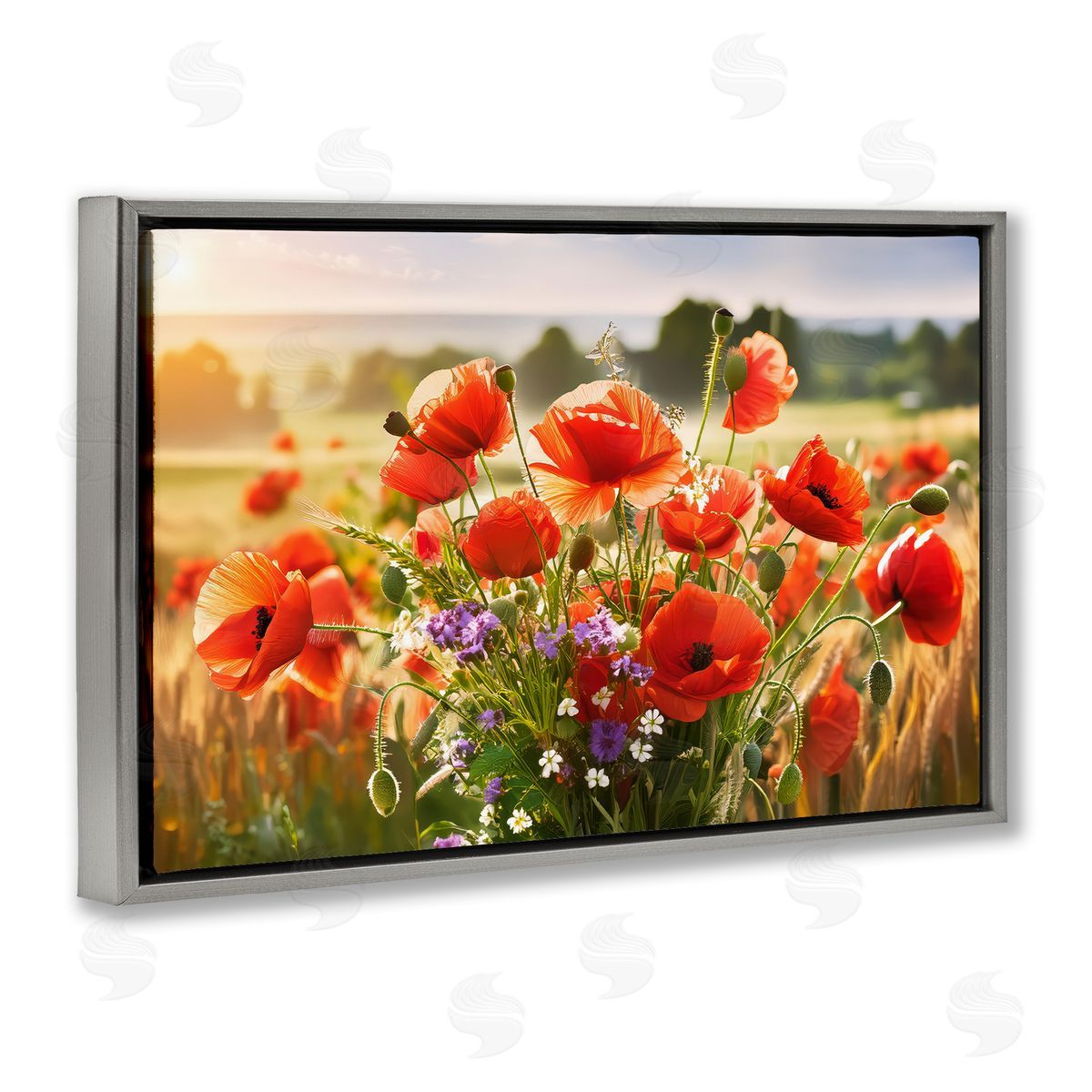 Bright Sunlit Spring Meadow Grey Floating Frame Canvas Wall Art, Home Decor by Alina Georgescu