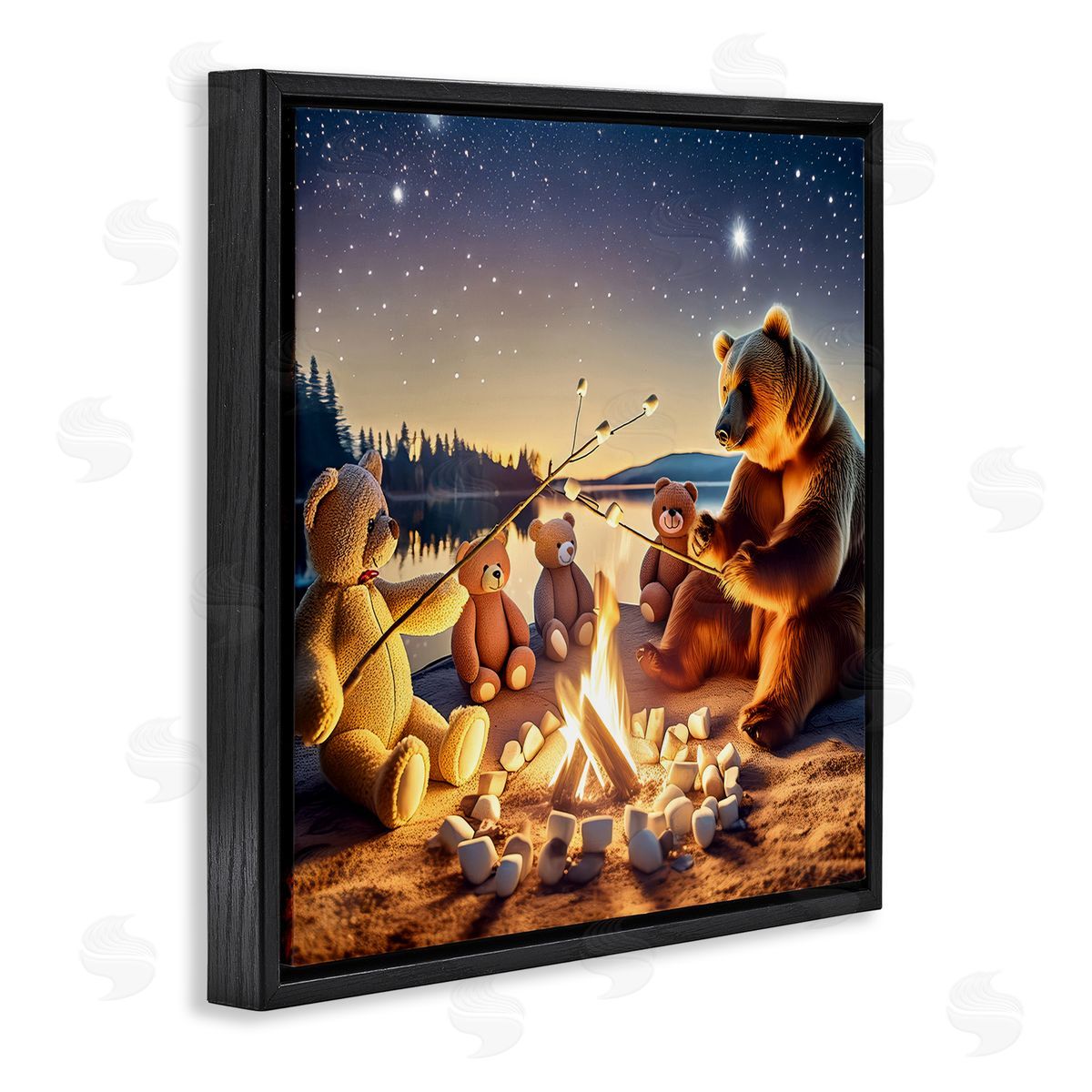 Fireside Friends Bear Black Floating Frame Canvas Wall Art, Home Decor by Alina Georgescu