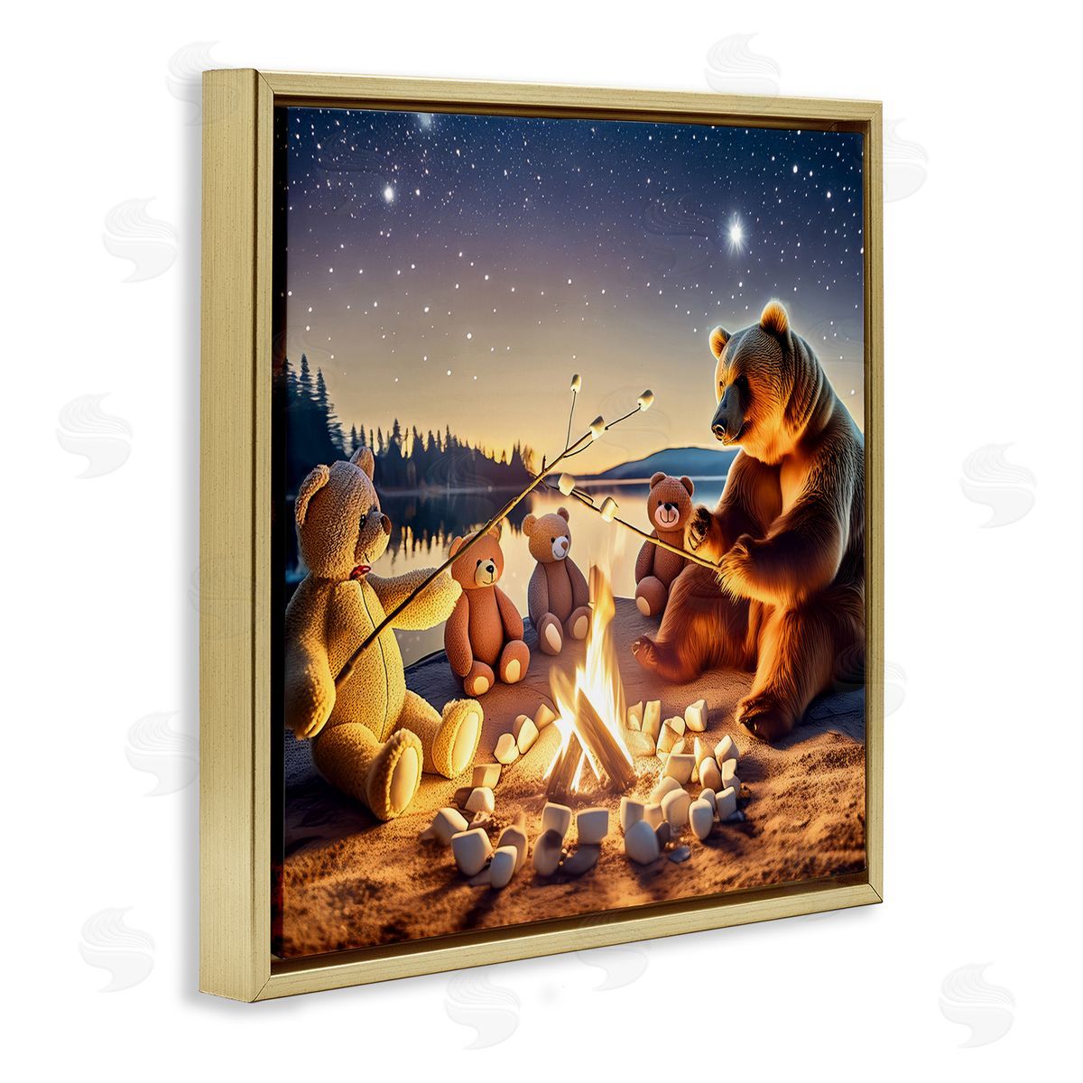 Fireside Friends Bear Gold Floating Frame Canvas Wall Art, Home Decor by Alina Georgescu