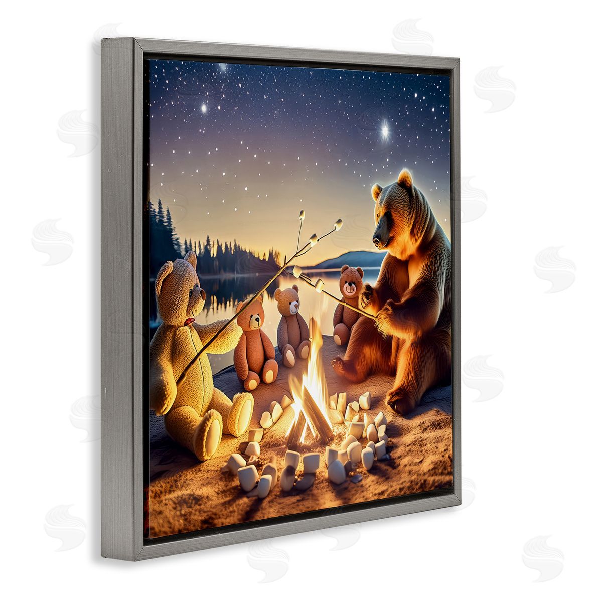 Fireside Friends Bear Grey Floating Frame Canvas Wall Art, Home Decor by Alina Georgescu
