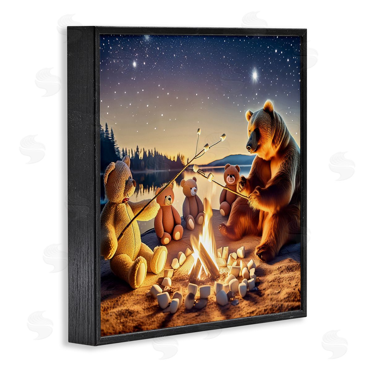 Fireside Friends Bear Black Frame Print Wall Art, Home Decor by Alina Georgescu