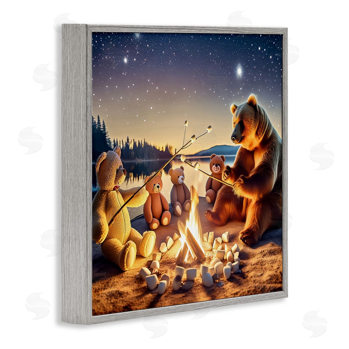 Fireside Friends Bear Grey Frame Print Wall Art, Home Decor by Alina Georgescu