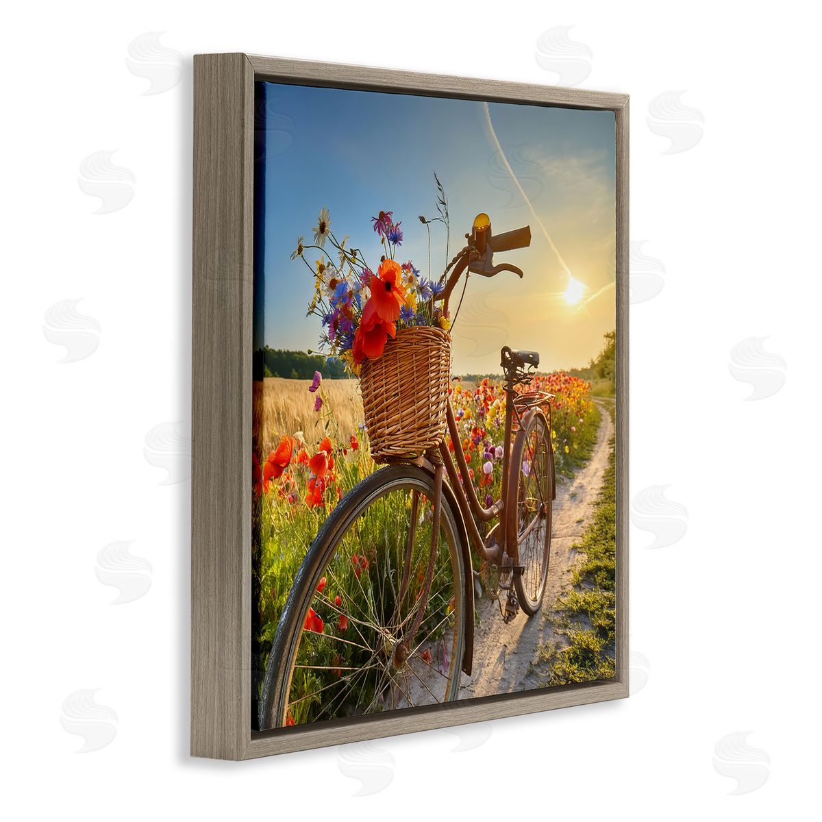 Flower Stop Bicycle Brown Floating Frame Canvas Wall Art, Home Decor by Alina Georgescu