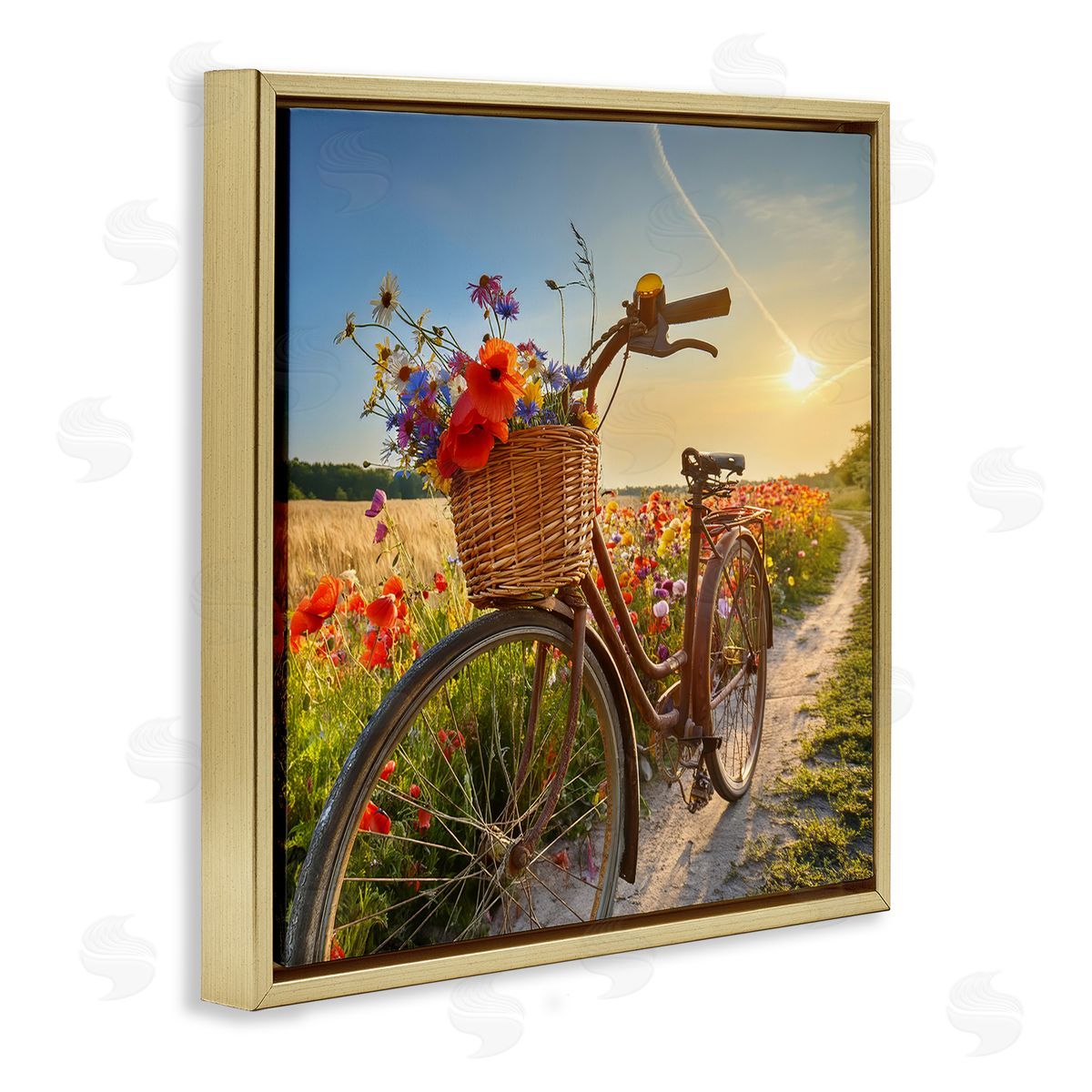 Flower Stop Bicycle Gold Floating Frame Canvas Wall Art, Home Decor by Alina Georgescu