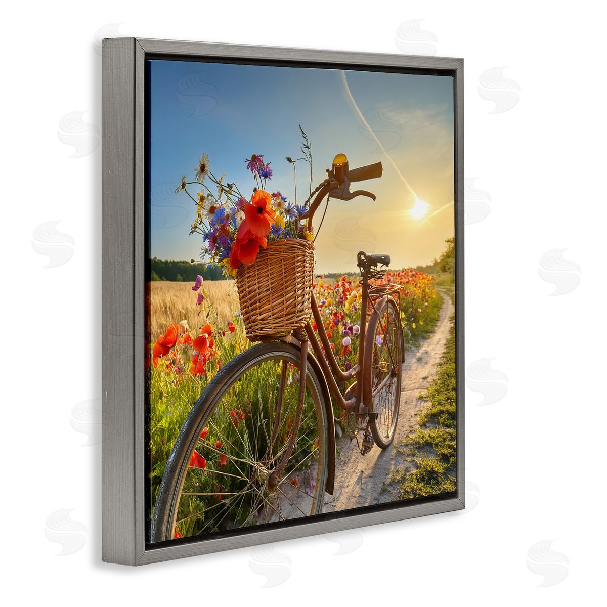 Flower Stop Bicycle Grey Floating Frame Canvas Wall Art, Home Decor by Alina Georgescu