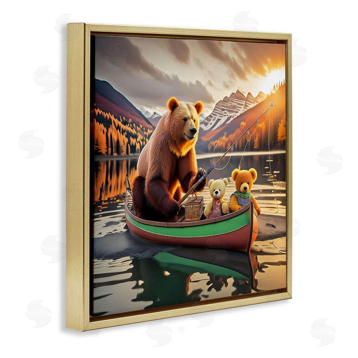 Bear & Friends on Boat Gold Floating Frame Canvas Wall Art, Home Decor by Alina Georgescu