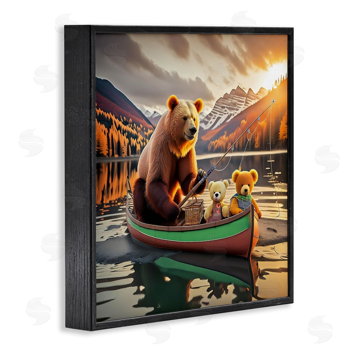Bear & Friends on Boat Black Frame Print Wall Art, Home Decor by Alina Georgescu