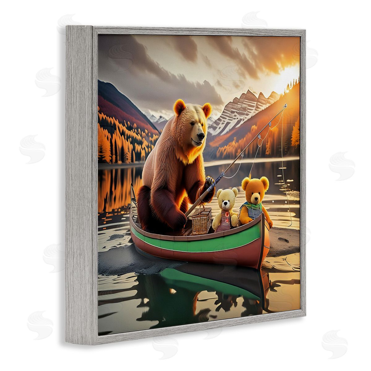 Bear & Friends on Boat Grey Frame Print Wall Art, Home Decor by Alina Georgescu