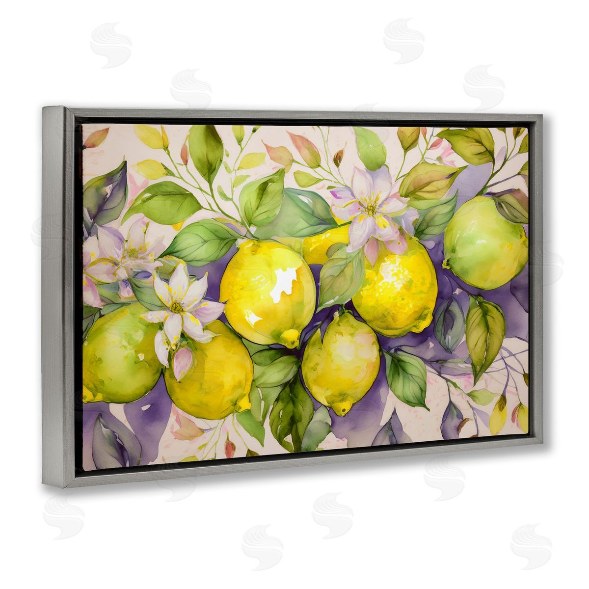 Cottage Lemon Blooms Grey Floating Frame Canvas Wall Art, Home Decor by Alina Georgescu