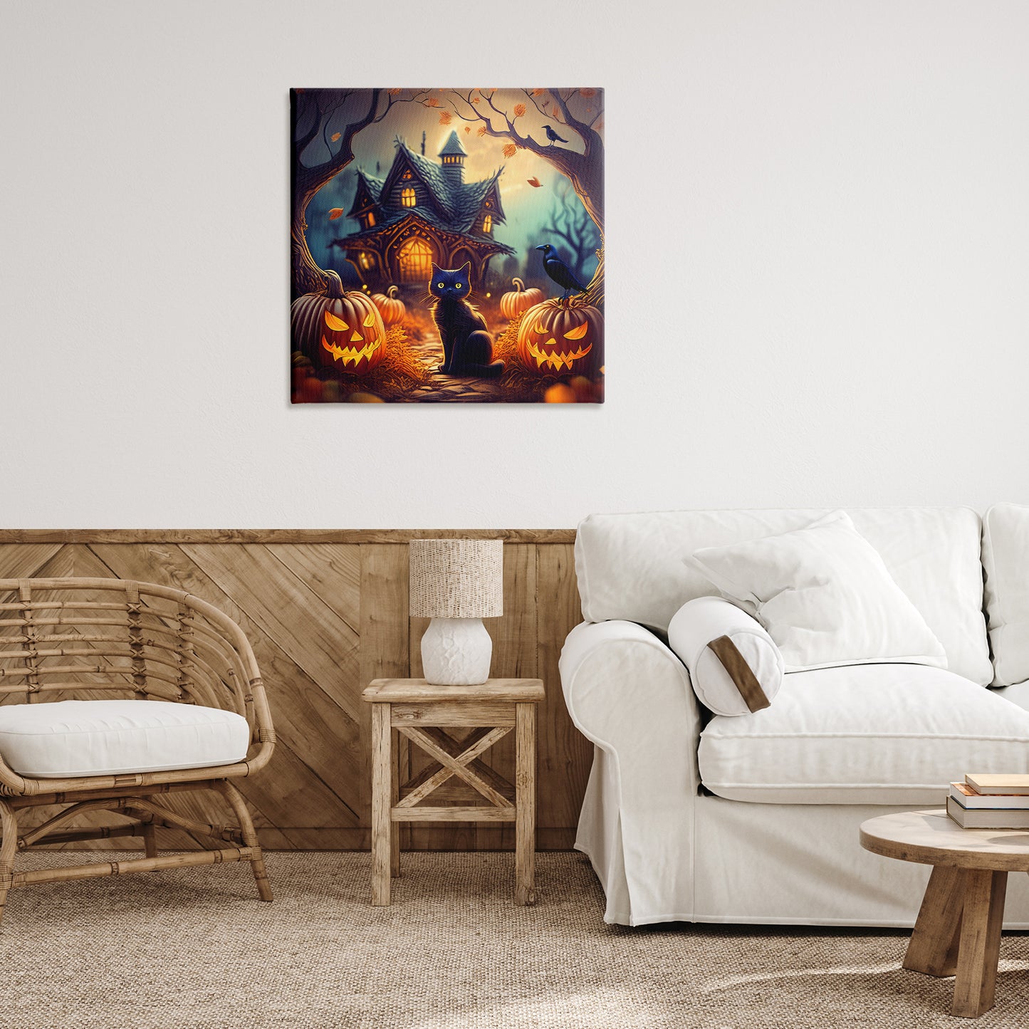 Haunted House & Black Cat Canvas Wall Art in Room, Home Decor by Alina Georgescu
